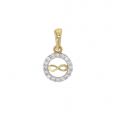 Pendentif rond Or jaune et blanc 375/1000 avec oxydes de zirconium symbole de l'infini au centre