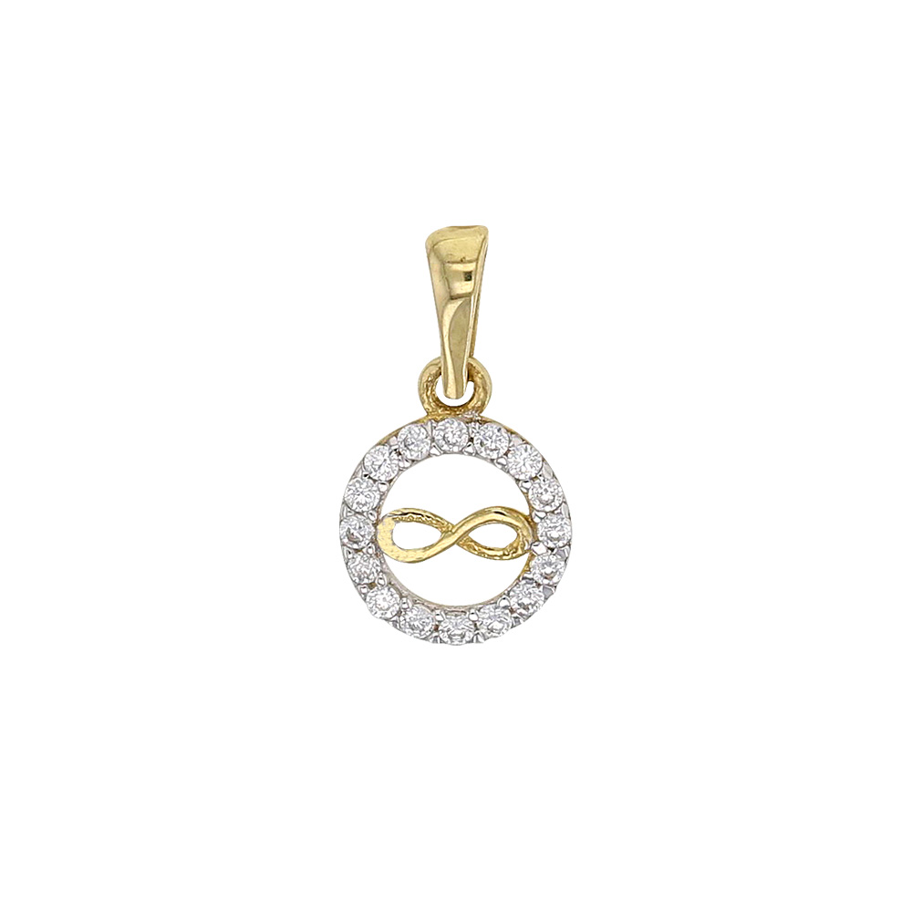 Pendentif rond Or jaune et blanc 375/1000 avec oxydes de zirconium symbole de l'infini au centre