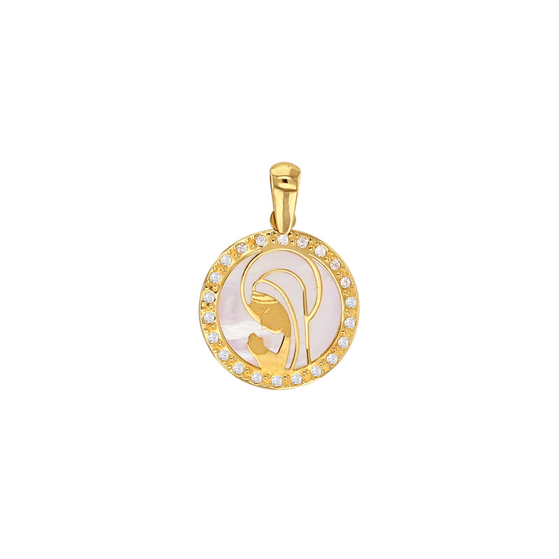 Pendentif rond Vierge Marie sur nacre et avec oxydes, Or 375/1000