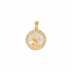 Pendentif rond Vierge Marie sur nacre et avec oxydes, Or 375/1000