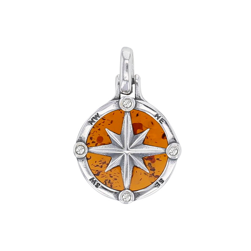 Pendentif rose des vents, ambre cognac en argent 925/1000