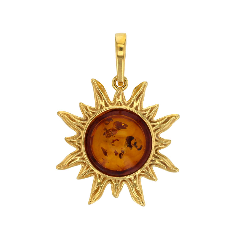 Pendentif soleil Ambre cognac en argent 925/1000 doré