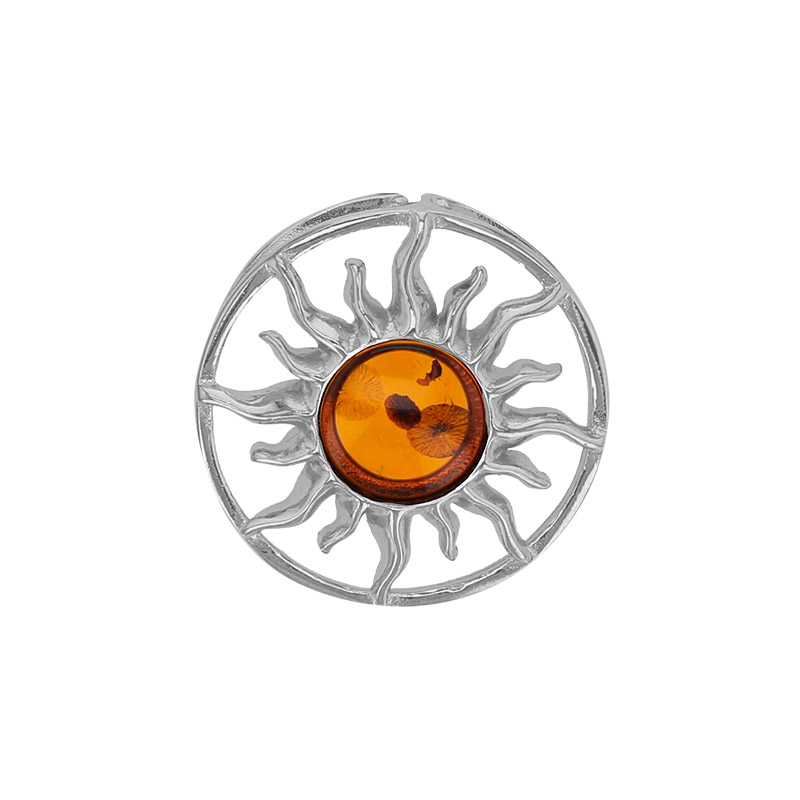 Pendentif soleil encerclé ambre cognac en argent 925/1000 rhodié