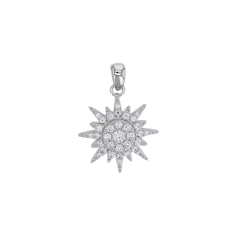 Pendentif soleil pavé d'oxydes, argent 925/1000 rhodié