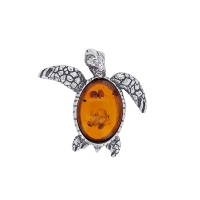 Pendentif tortue en argent 925/1000 vieilli et ambre cognac