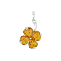 Pendentif trèfle ambre cognac en argent 925/1000 rhodié