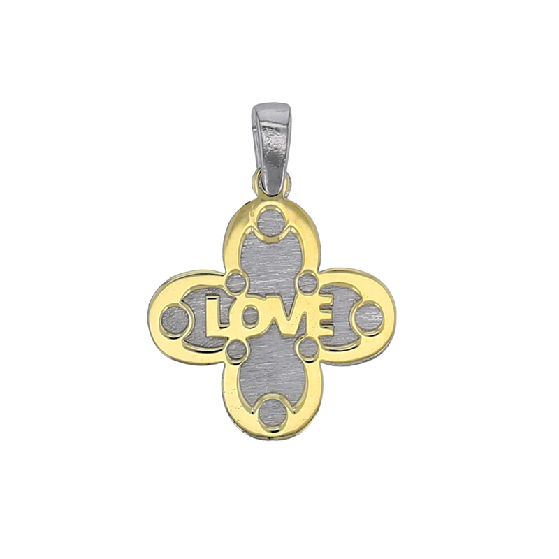 Pendentif 2 trèfles en argent 925/1000 rhodié et doré et gravé Love