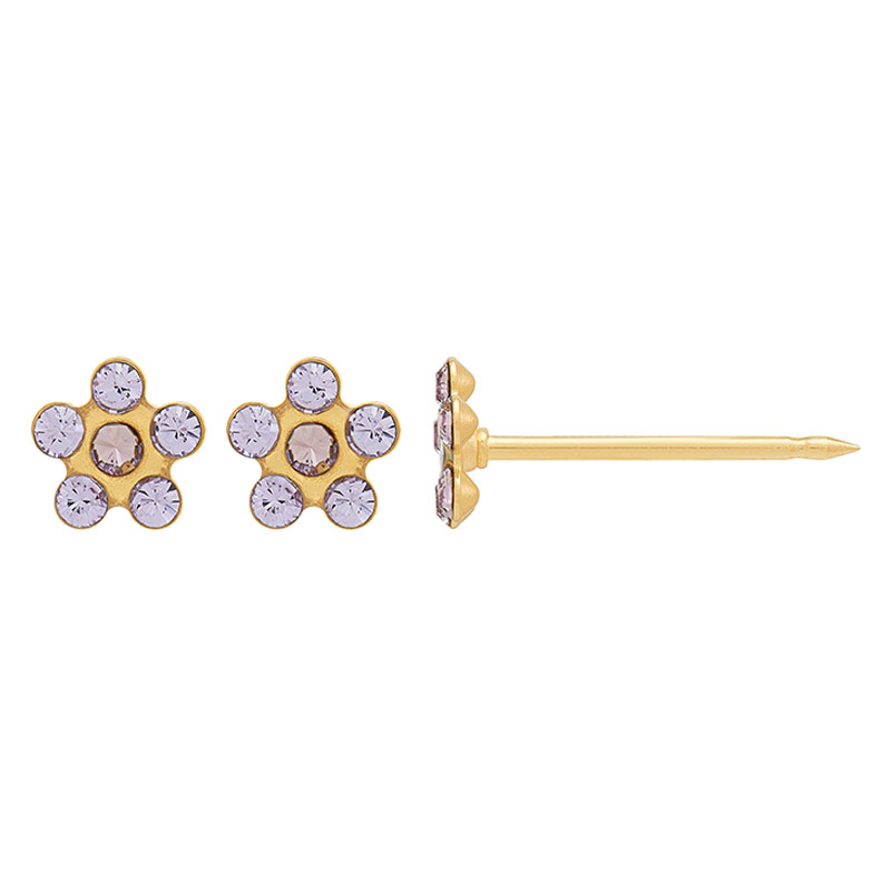 Perçage d'oreilles Inverness Fleur acier doré or fin orné de cristaux violet et améthyste