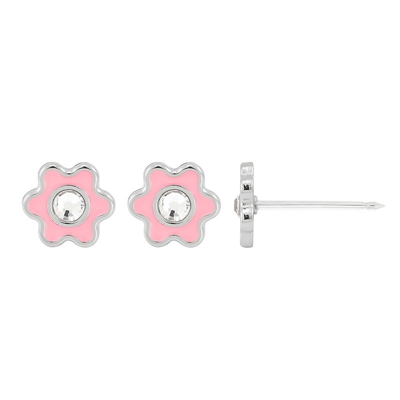 Perçage d'oreilles Inverness fleur cristal et émail rose, acier inoxydable