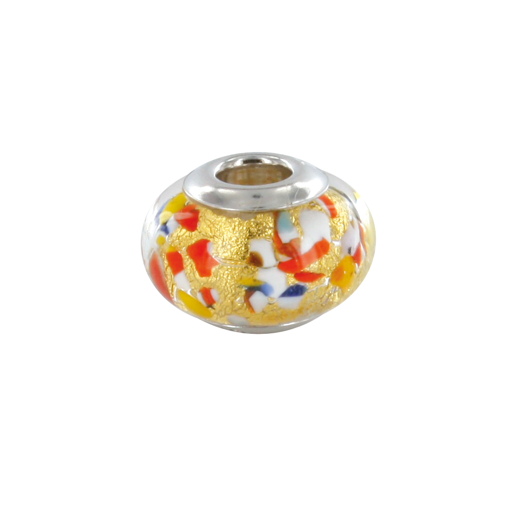 Perle Arlequin avec feuille d'argent doré argent 925/1000 rhodié et verre de Murano