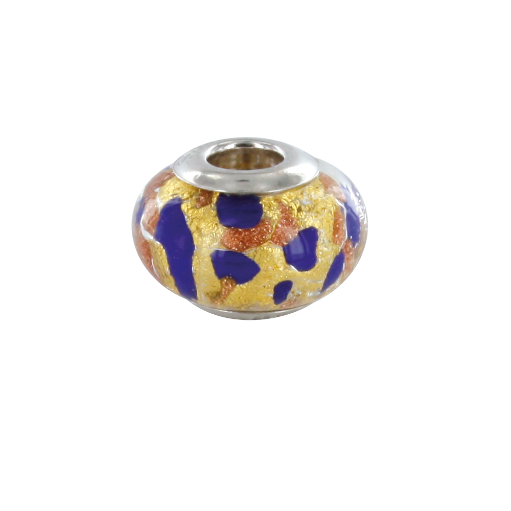 Perle Arlequin avec feuille d'argent doré argent 925/1000 rhodié - verre de Murano bleu