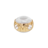 Perle blanche céramique et argent 925/1000 doré - motif coeurs avec oxydes de zirconium