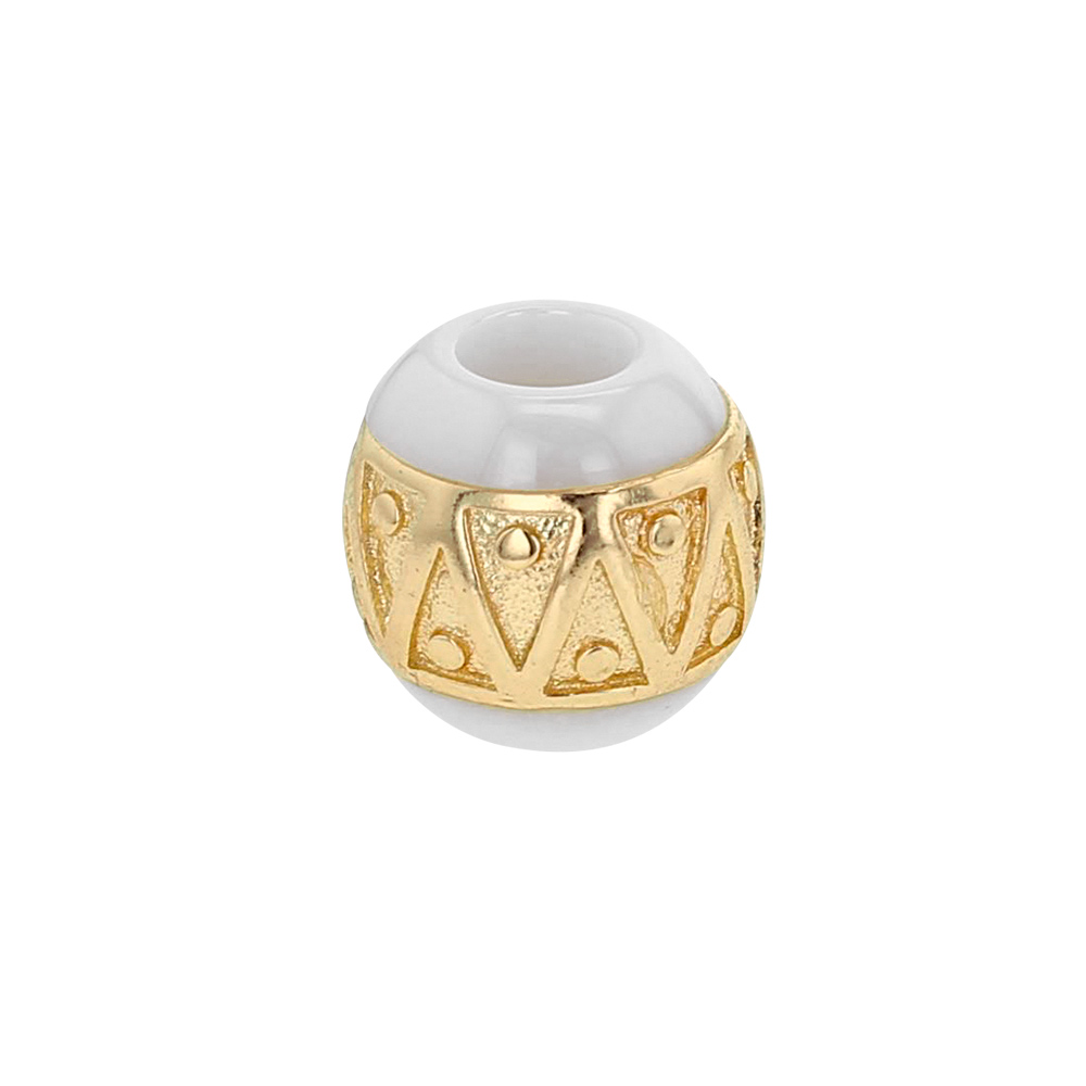 Perle blanche en céramique argent 925/1000 doré - motif triangles