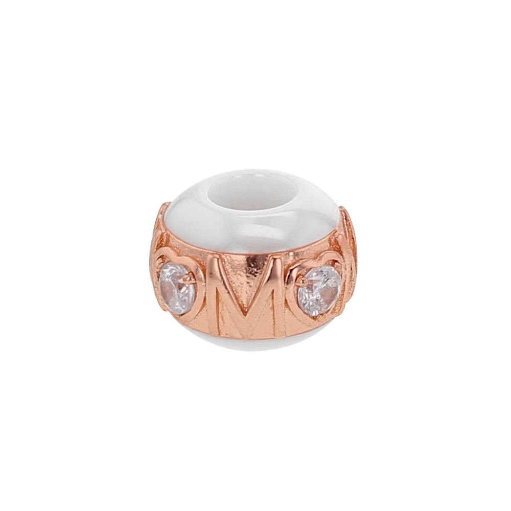 Perle blanche en céramique et argent 925/1000 doré rose avec oxydes de zirconium - coeurs