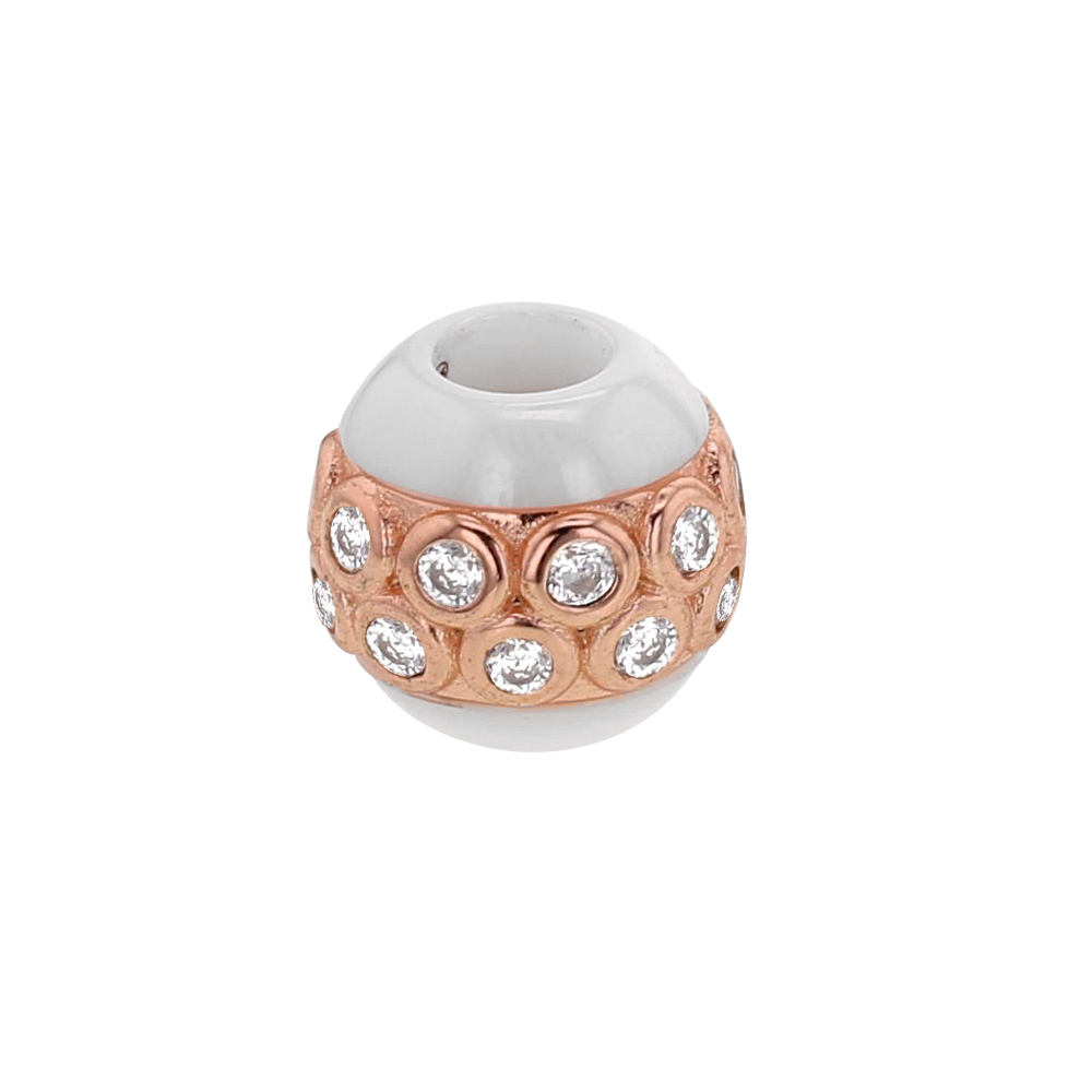 Perle blanche en céramique et argent 925/1000 doré rose avec oxydes de zirconium (sertis clos)