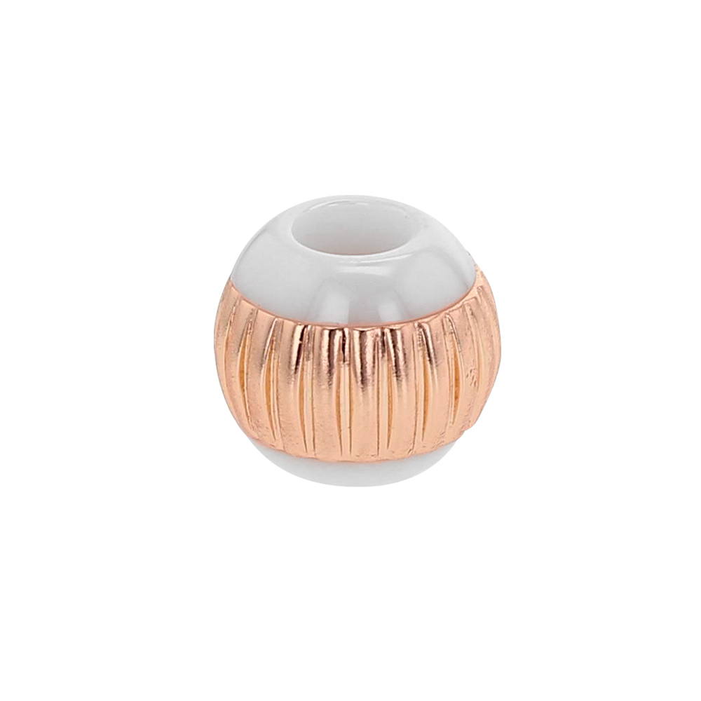 Perle blanche en céramique et argent 925/1000 doré rose avec stries