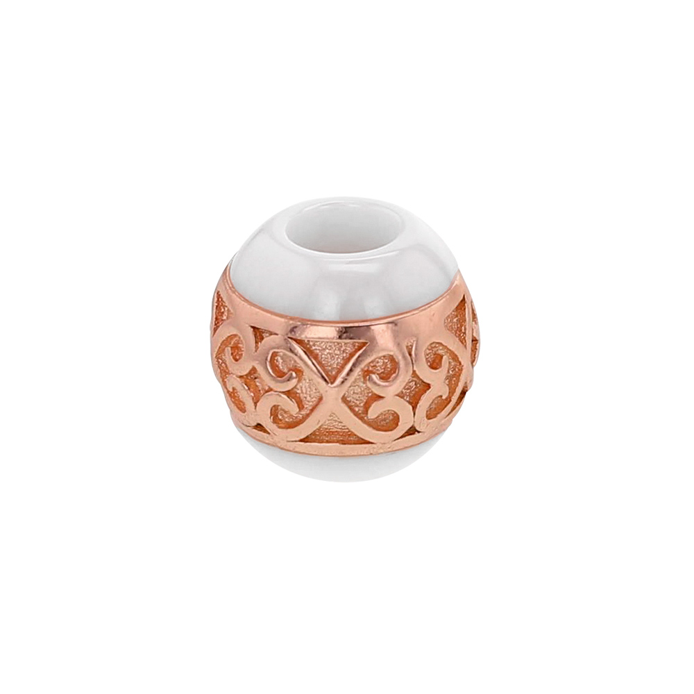 Perle blanche en céramique et argent 925/1000 doré rose - motif coeurs infinis