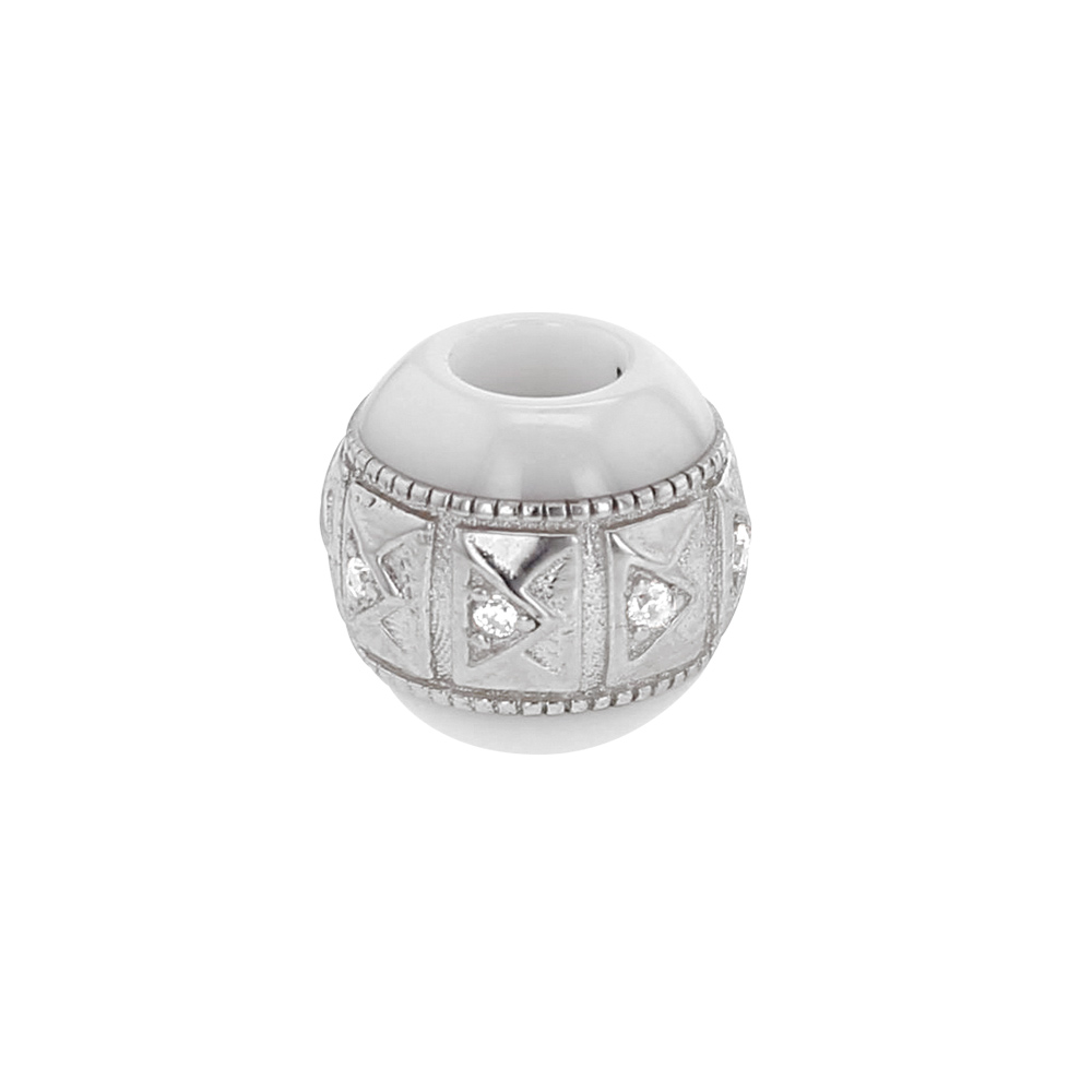 Perle blanche en céramique et argent 925/1000 rhodié ornés d'oxyde de zirconium - motif rectangles