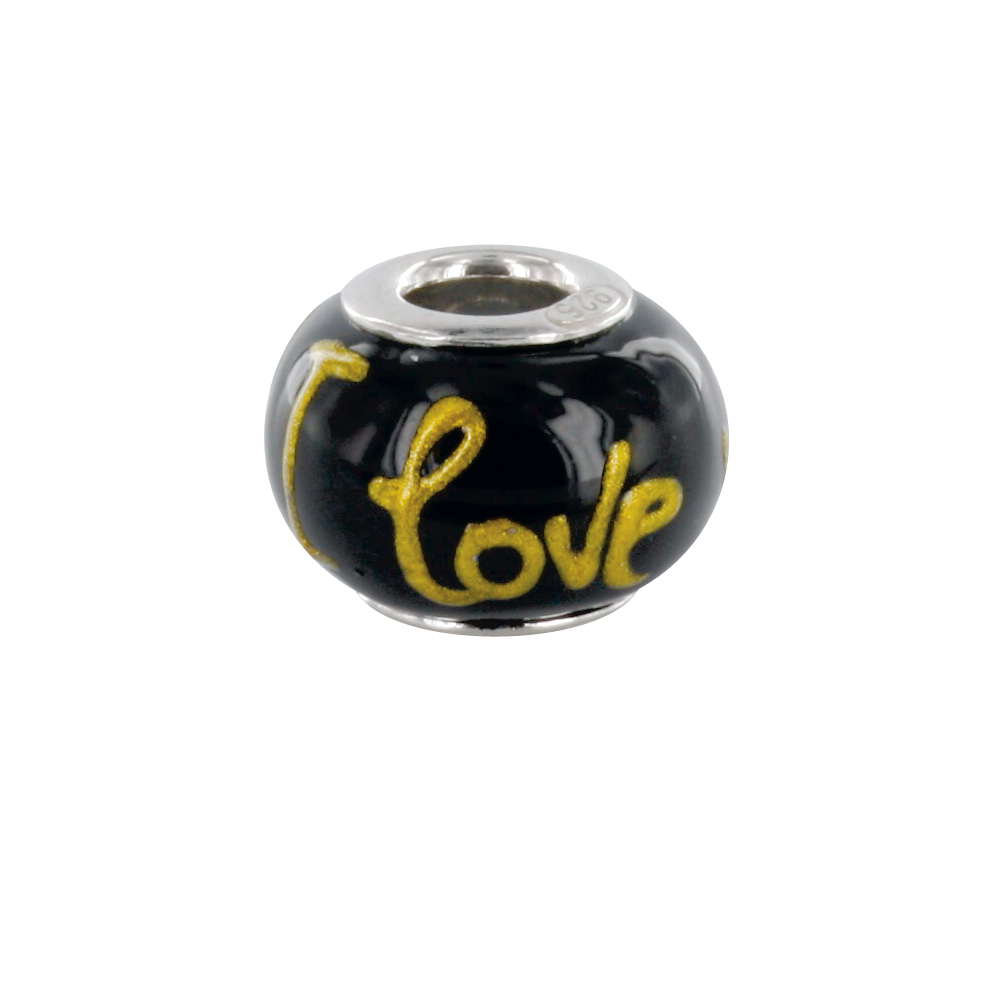 Perle en émail noir et argent 925/1000 rhodié - I love you