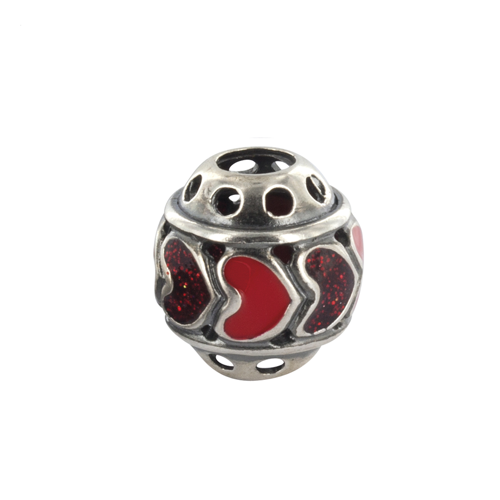 Perle I love you en argent 925/1000 rhodié avec coeurs rouges laqués