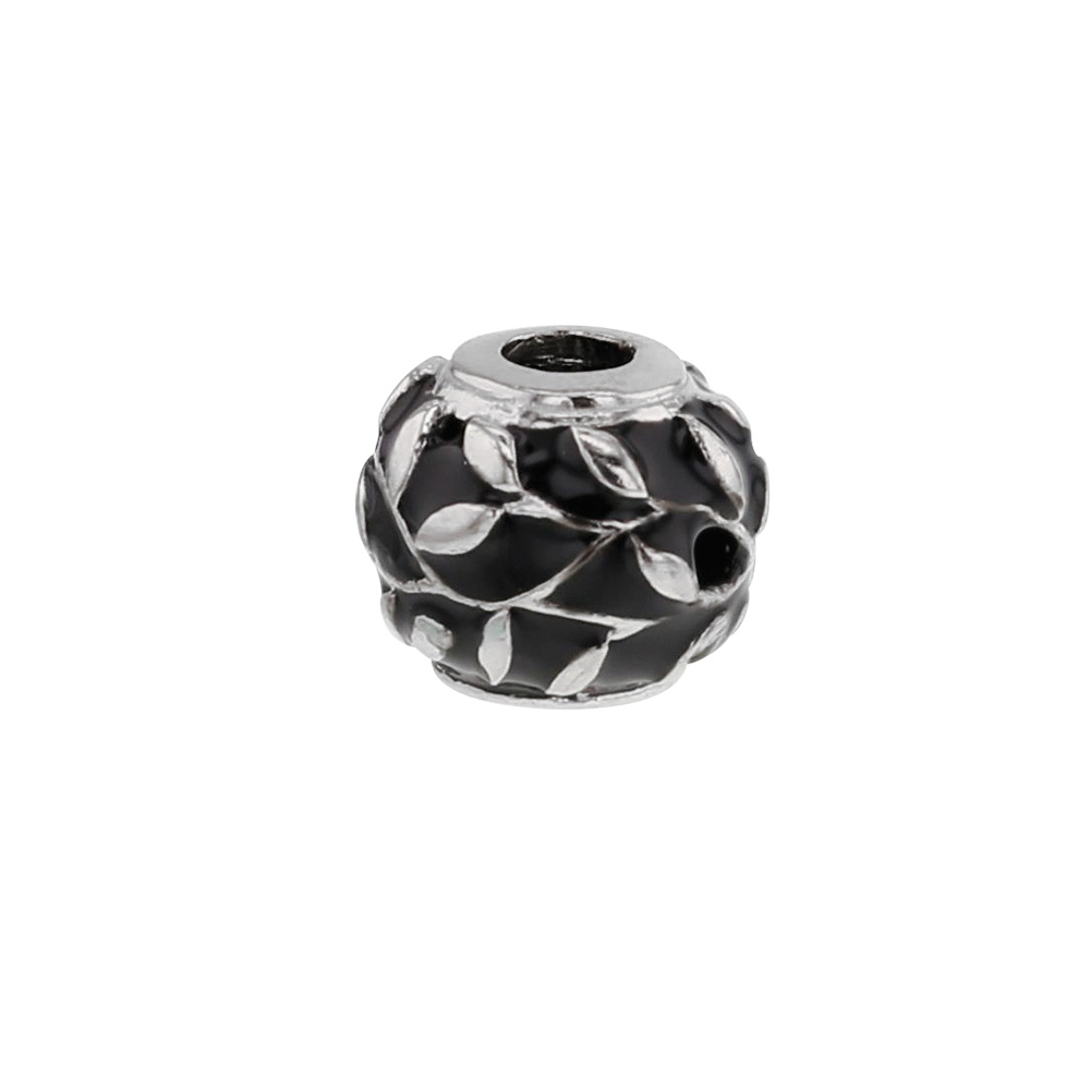 Perle laquée transparente noire et argent 925/1000 rhodié - feuilles grimpantes