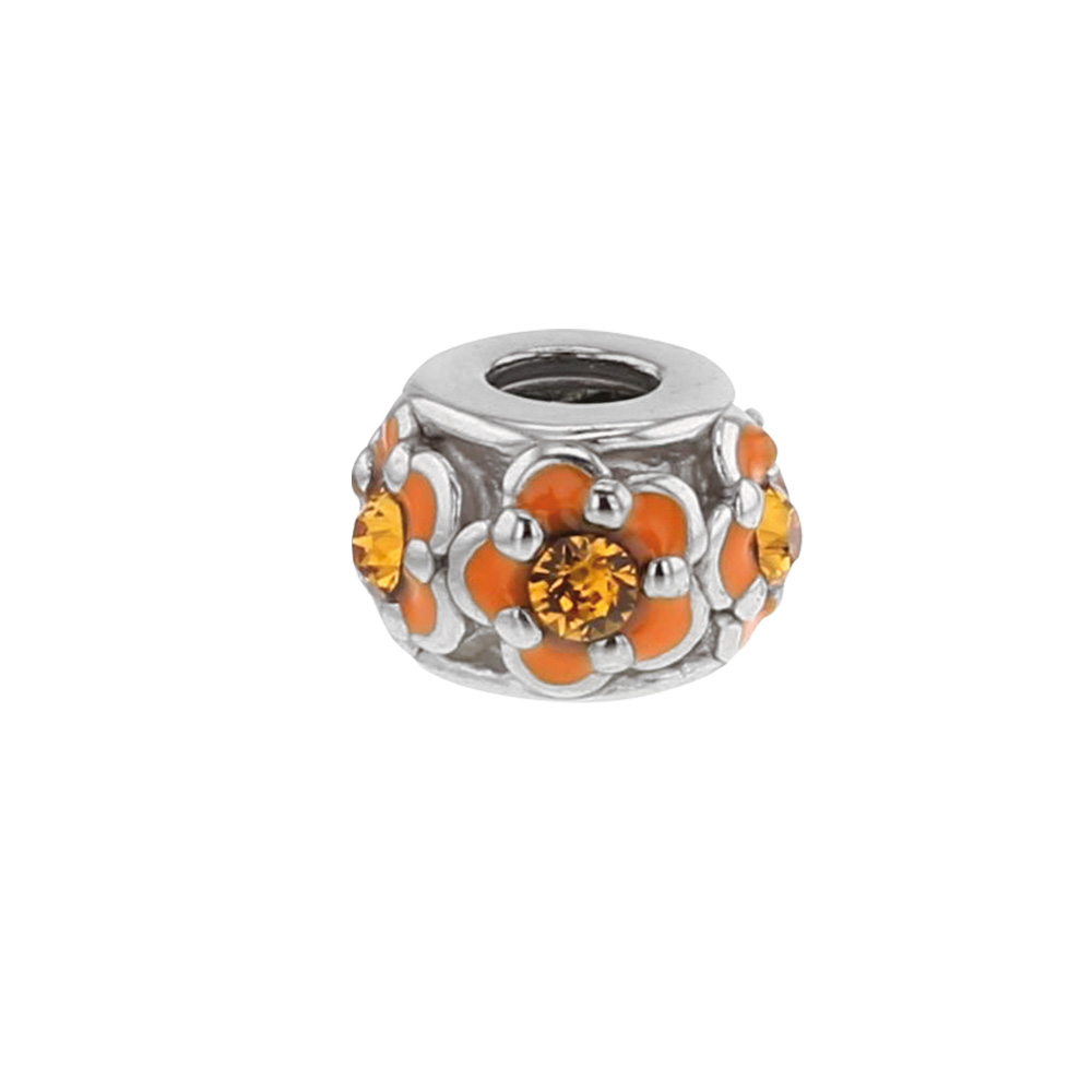 Perle Les Fleurs laquée orange et grise ornée de cristaux de Swarovski® et argent 925/1000 rhodié