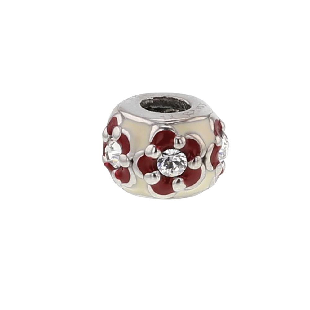 Perle Les Fleurs laquée rouge et beige ornée de cristaux de Swarovski® et argent 925/1000 rhodié