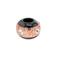 Perle noire en céramique et argent 925/1000 doré rose avec oxydes de zirconium - coeurs