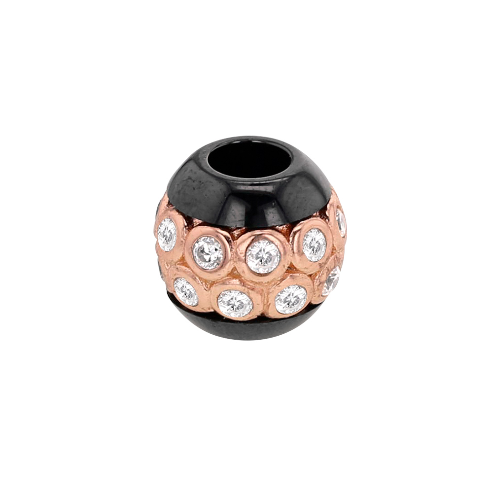 Perle noire en céramique et argent 925/1000 doré rose avec oxydes de zirconium (sertis clos)