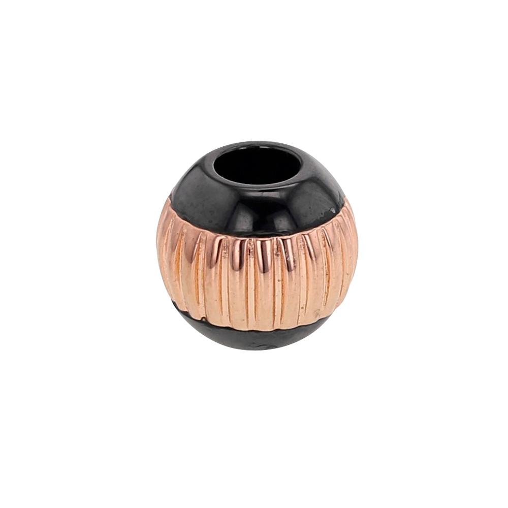 Perle noire en céramique et argent 925/1000 doré rose avec stries