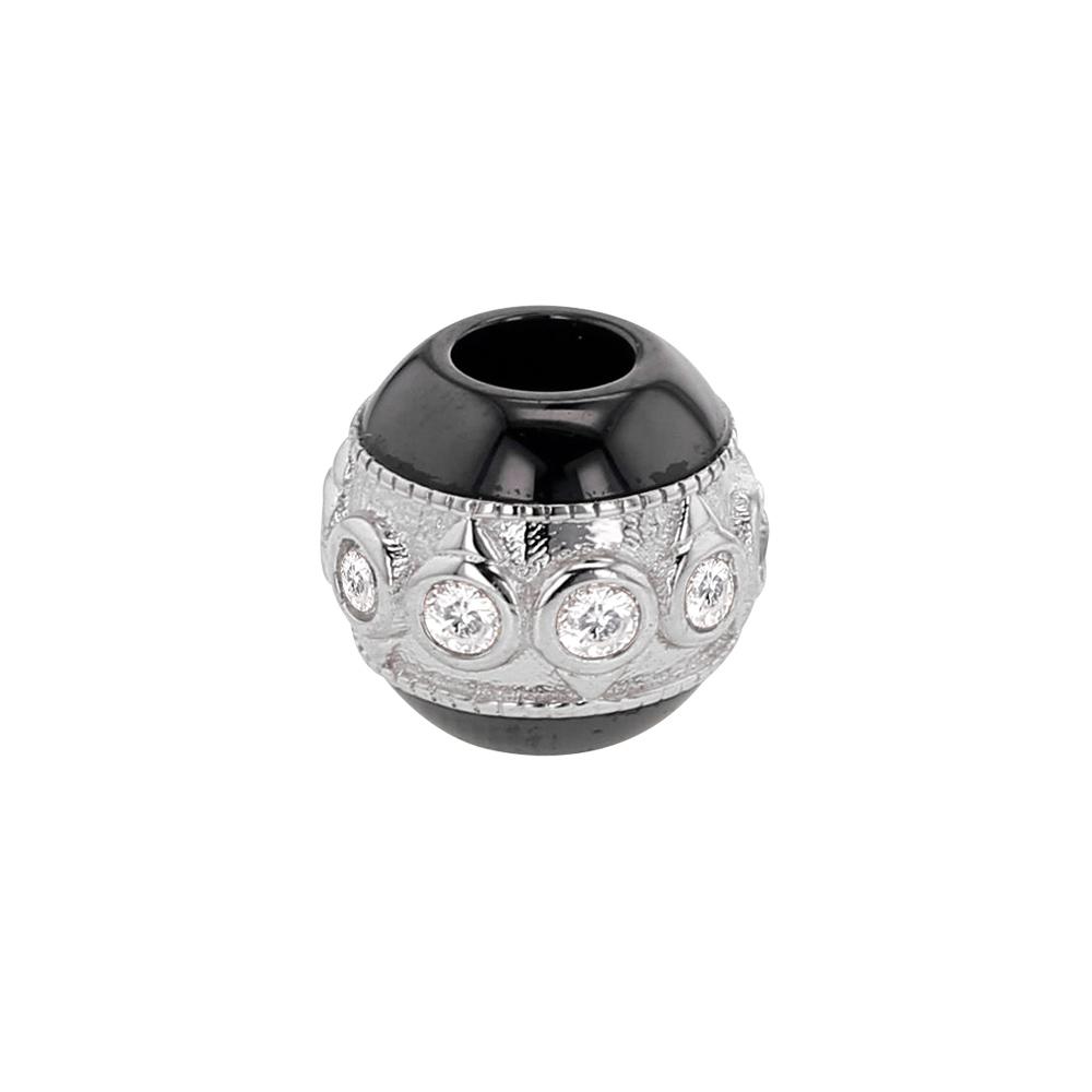 Perle noire en céramique et argent 925/1000 rhodié orné d'oxydes de zirconium - ronds