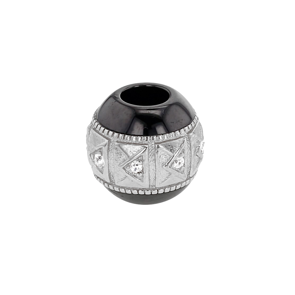 Perle noire en céramique et argent 925/1000 rhodié ornés d'oxyde de zirconium - motif rectangles