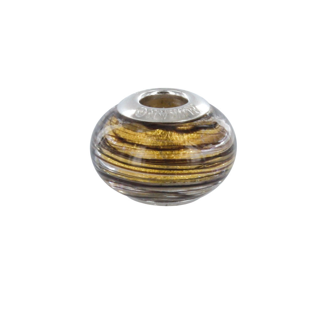 Perle Striée argent 925/1000 rhodié - verre de Murano doré et noir