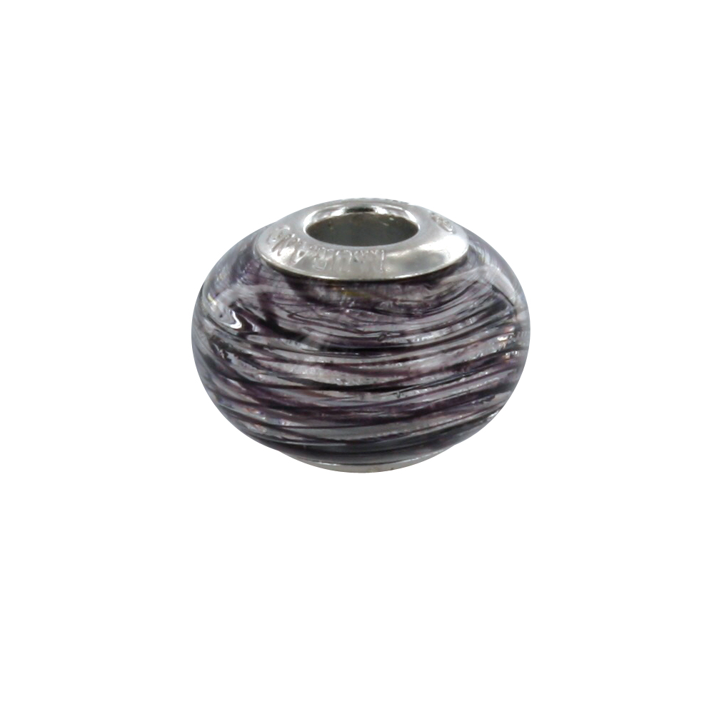 Perle Striée argent 925/1000 rhodié - verre de Murano violet et noir