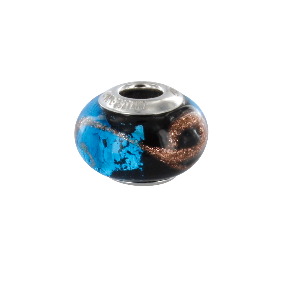 Perle Striée avec feuille d'argent argent 925/1000 rhodié - verre de Murano bleu et marron