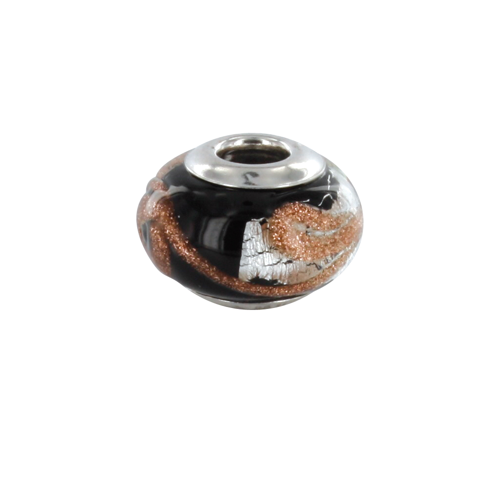 Perle Striée avec feuille d'argent argent 925/1000 rhodié - verre de Murano marron et noir