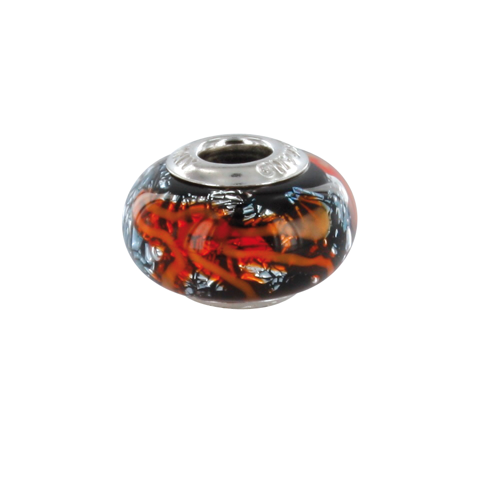 Perle Striée avec feuille d'argent argent 925/1000 rhodié - verre de Murano orange et noir