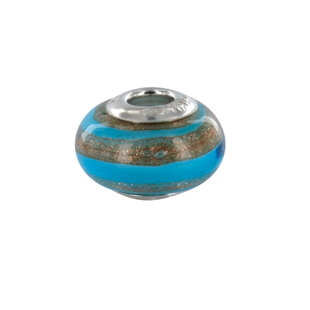 Perle Striée avec feuille d'argent argent 925/1000 rhodié - verre de Murano turquoise et doré