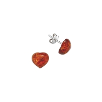 Petites boucles d'oreilles puce en ambre en forme de coeur en argent 925/1000