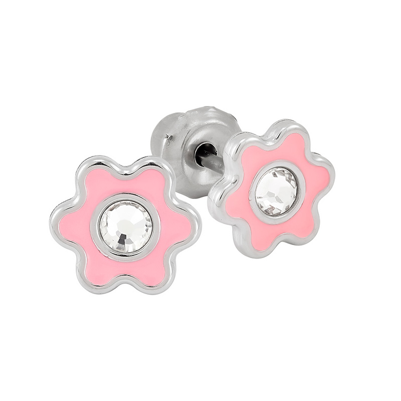Perçage d'oreilles Inverness fleur cristal et émail rose, acier inoxydable