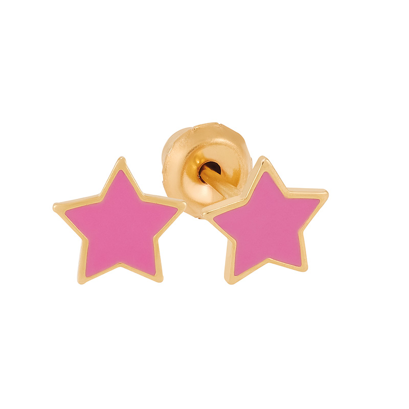 Perçage d'oreilles Inverness Fantaisie, acier doré à l'or fin, orné étoile émaillée rose