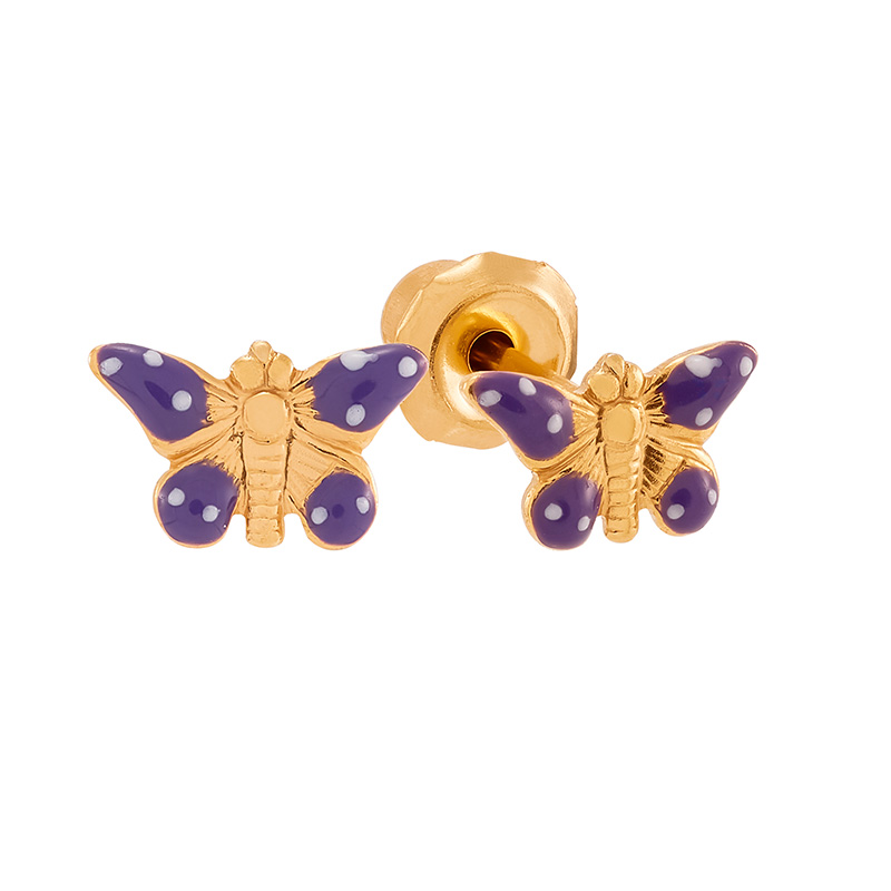 Perçage d'oreilles Inverness Fantaisie Papillon émaillé violet et blanc en acier doré à l'or fin
