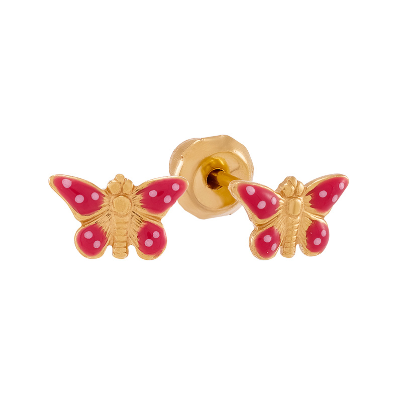 Perçage d'oreilles Inverness Fantaisie Papillon émaillé rouge et blanc en acier doré à l'or fin