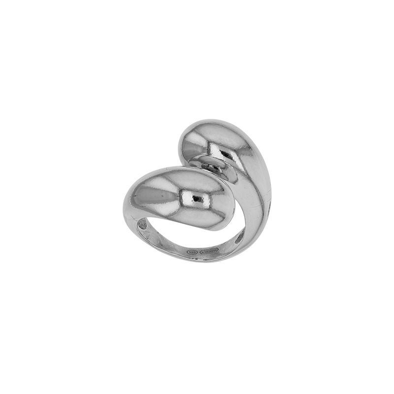 Bague ouverte croisée boules, argent 925/1000 platiné