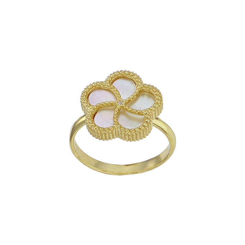 Bague forme fleur orné de nacre et cristal en argent 925/1000 doré