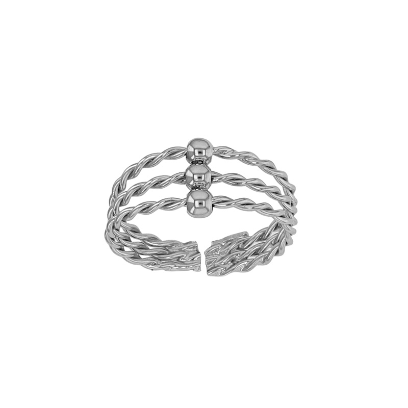 Bague réglable ornée 3 rangs torsadés et boules, taille 52 - 54 en argent 925/1000 rhodié