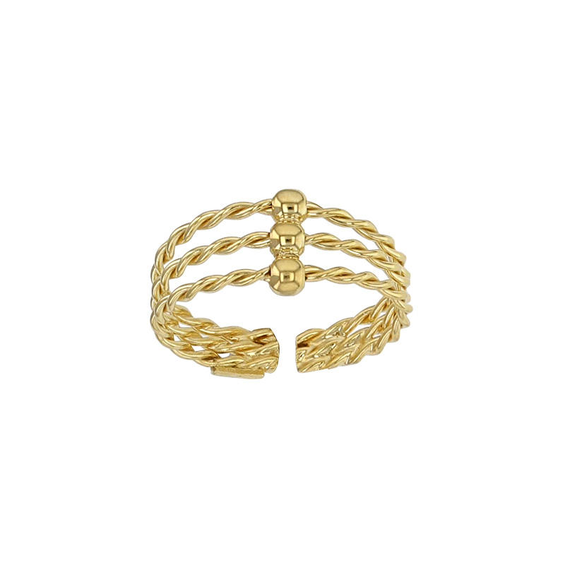 Bague réglable ornée 3 rangs torsadés et boules, taille 52 - 54 en argent 925/1000 rhodié