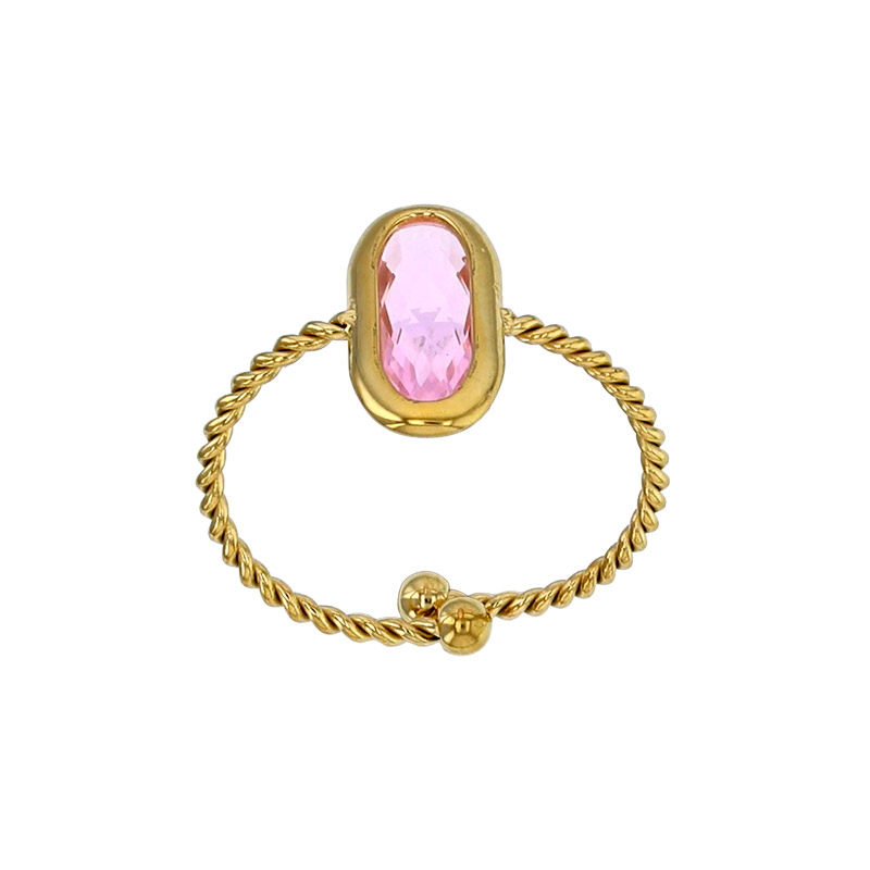 Bague réglable torsadé orné d'un ovale en verre facetté rouge, acier doré