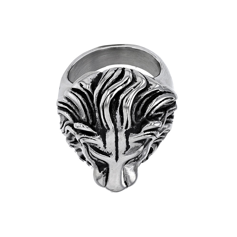 Bague large motif tête de lion en acier