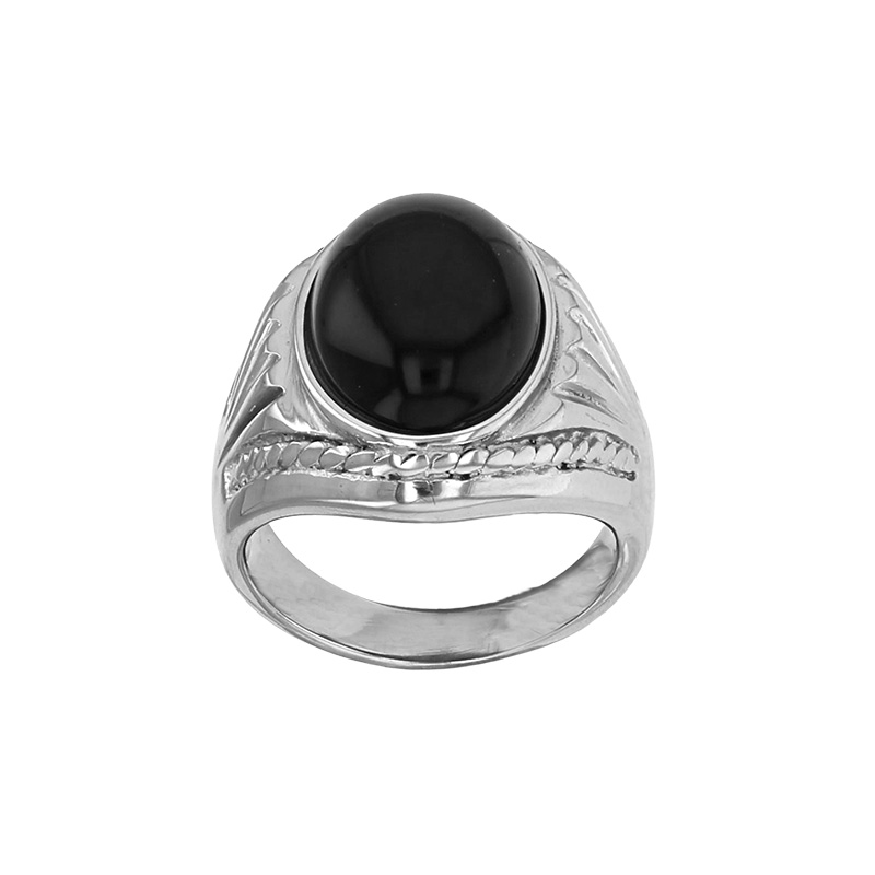 Chevalière cabochon ovale en agate noire et motif ciselé, acier